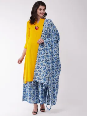 Mustard And Indigo Kantha Kurta Set