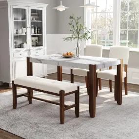 4-Piece Modern Dining Furniture Set, 4-Person Space-Saving Dinette for Kitchen, 46" Faux Marble Style Table and 2 Upholstered Chairs & Bench with Wood Legs