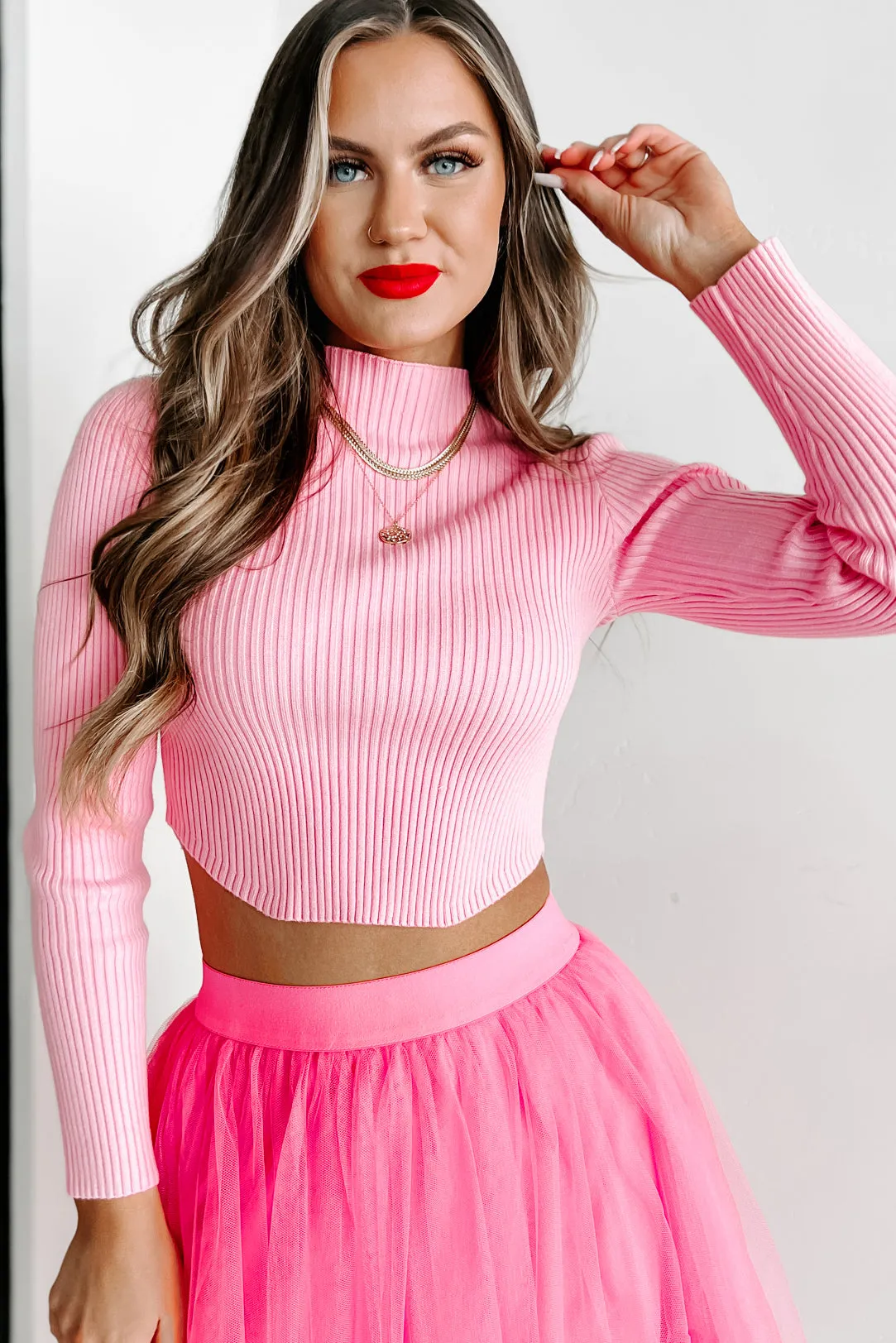 All About Us Mock Neck Cropped Sweater Top (Candy Pink)