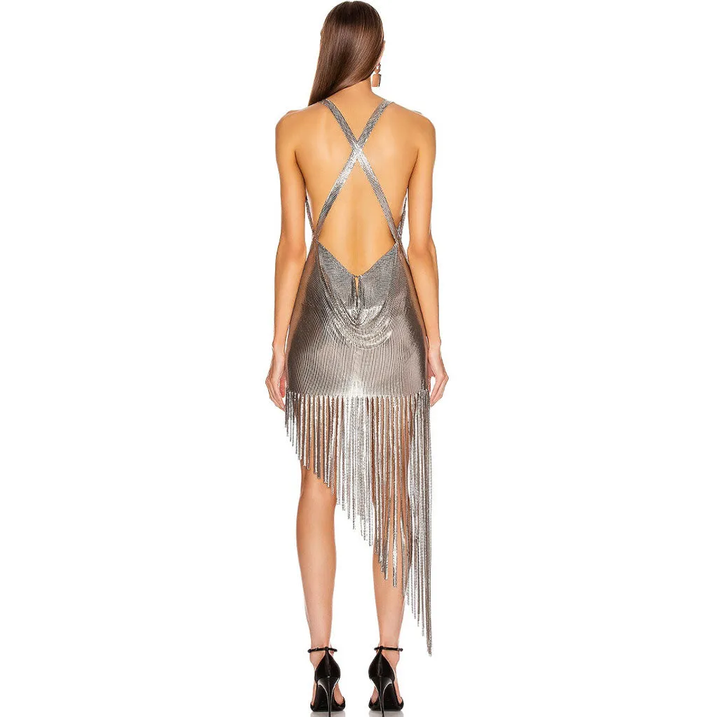 Asymmetrical Fringe Cowl Neck Backless Metal Mesh Dress - Silver