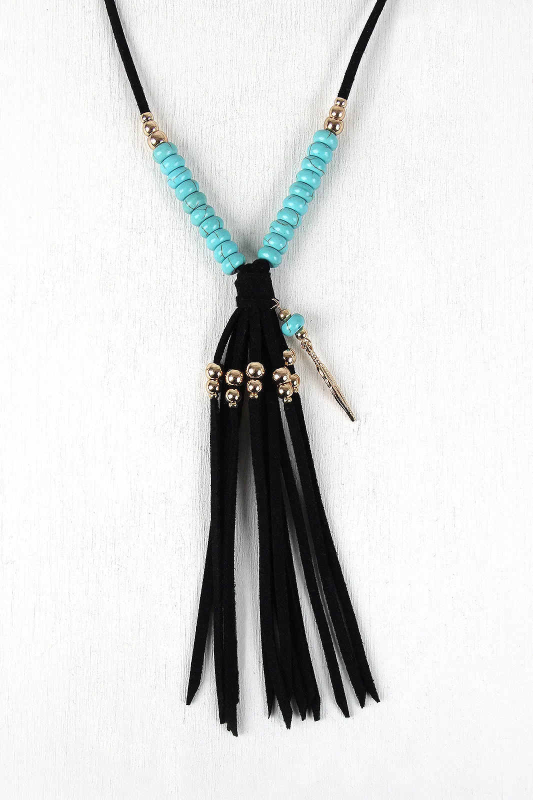 Beads And Feather Suede Fringe Necklace Set