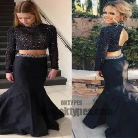 Black Two Piece Long Mermaid Prom Dresses, Beading Prom Dresses, Open-back Prom Dresses, Long Sleeve Prom Dresses, TYP0300