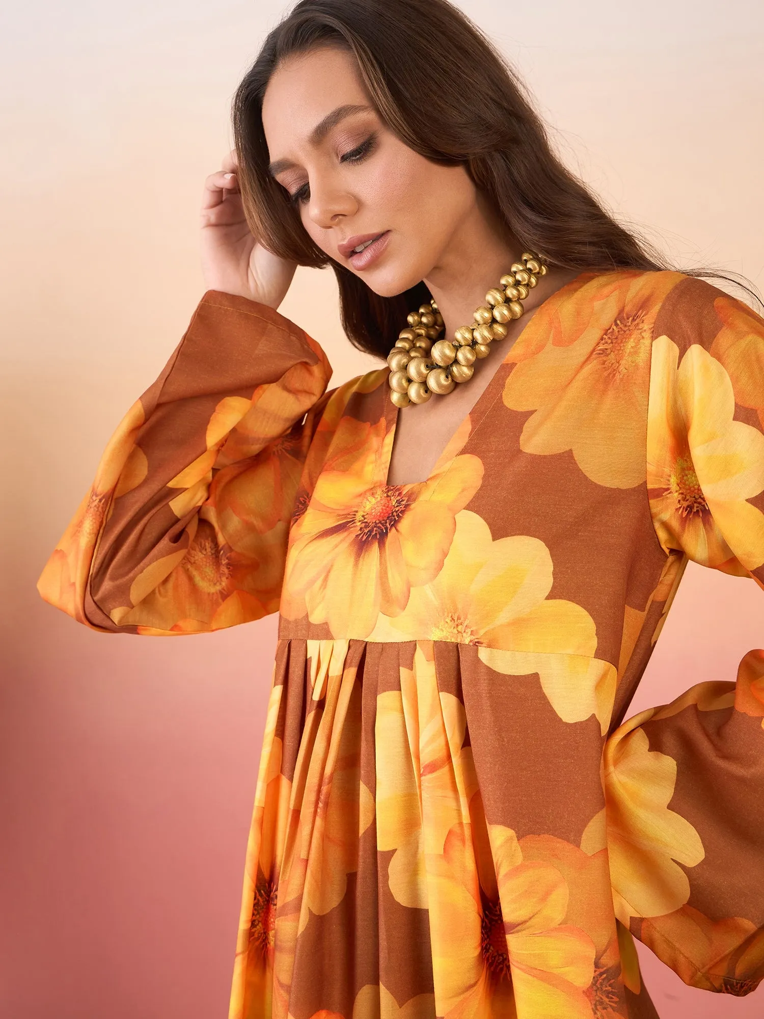 Bronze Sunflower Print V Neck Front Pleat Kurta Set