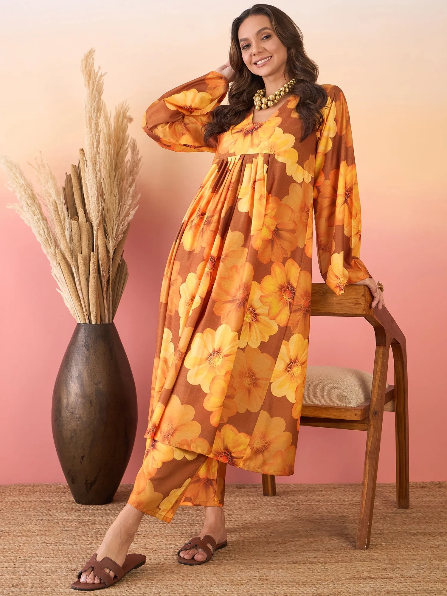 Bronze Sunflower Print V Neck Front Pleat Kurta Set