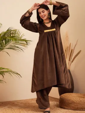 Brown V Neck Asymmetrical Pleated Velvet Kurta Set