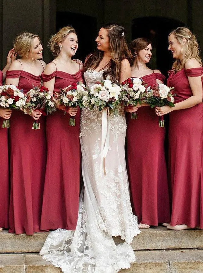 Burgundy Cheap Long Spaghetti Straps Mermaid Bridesmaid dresses , BD0526