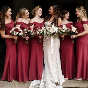 Burgundy Cheap Long Spaghetti Straps Mermaid Bridesmaid dresses , BD0526