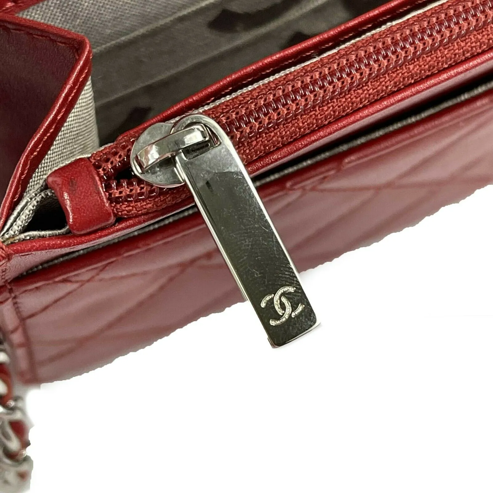 CHANEL - Calfskin Quilted Cambon Red / Silver Wallet On Chain - Crossbody