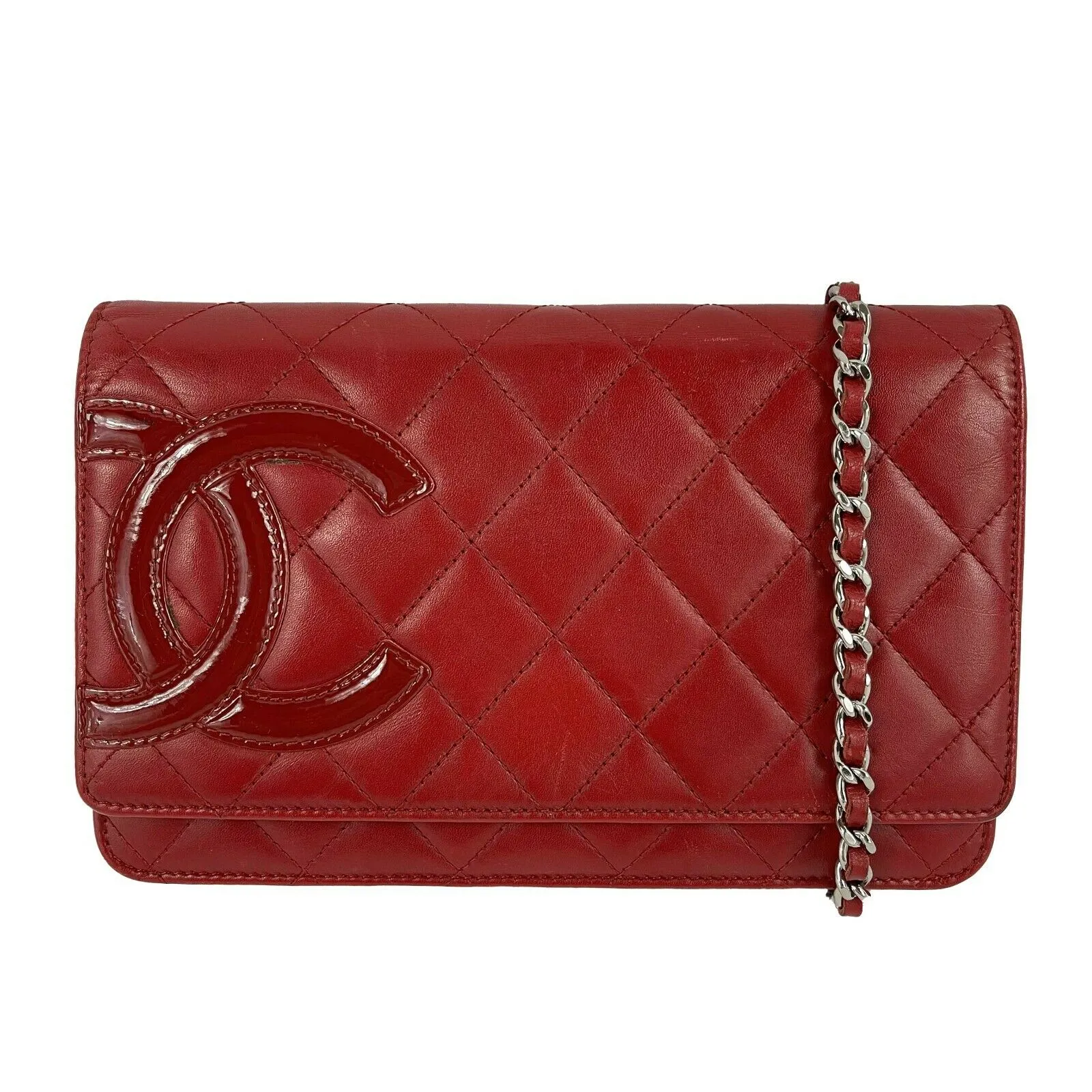 CHANEL - Calfskin Quilted Cambon Red / Silver Wallet On Chain - Crossbody