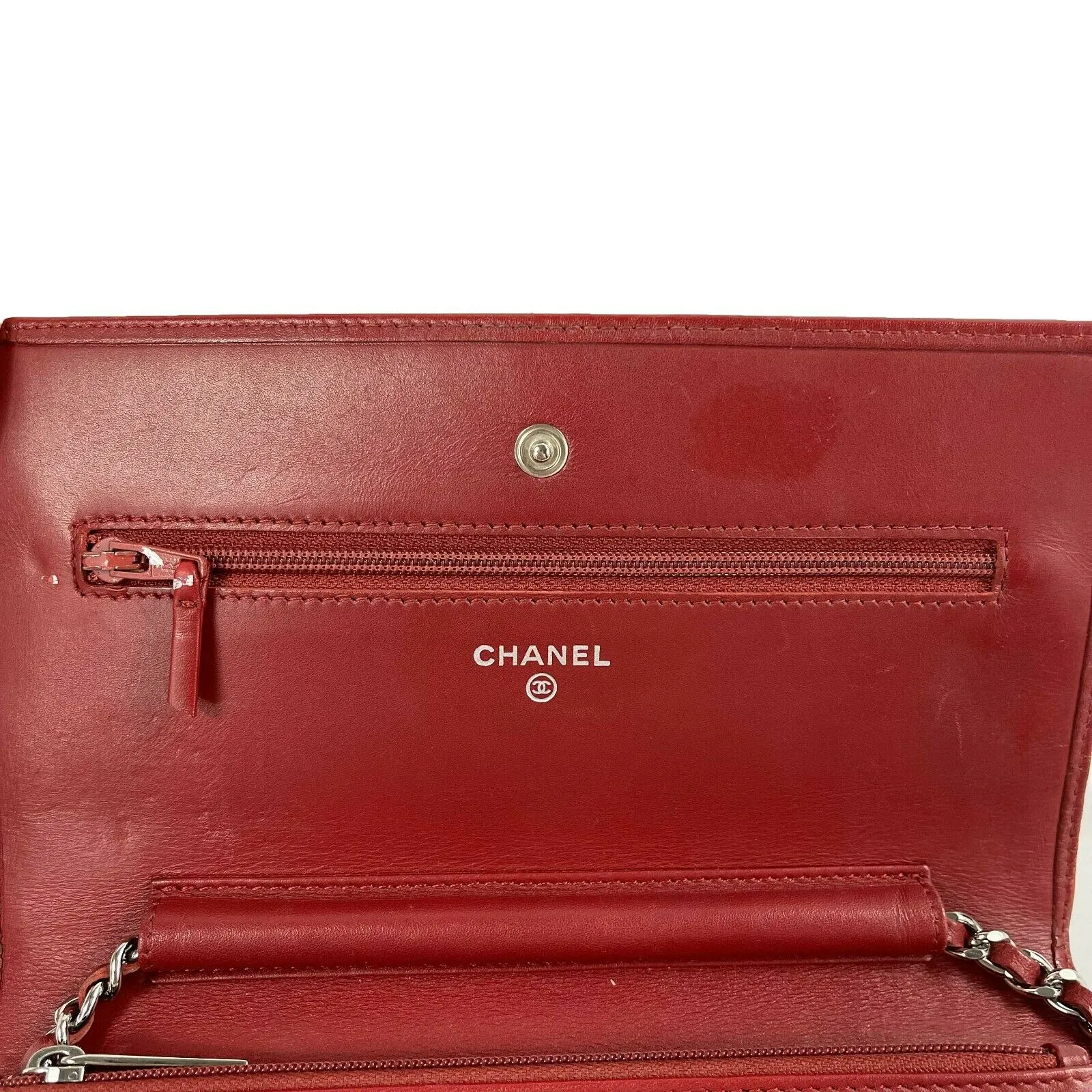 CHANEL - Calfskin Quilted Cambon Red / Silver Wallet On Chain - Crossbody