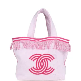 Chanel CC Beach Tote Bag & Towel Set Pink & White Canvas & Terry