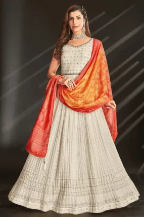 Cream Thread, Sequins, Pearl, Beads and Stone work Floor Length Anarkali Suit