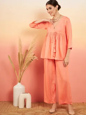 Creamy Peach Lurex V Neck Front Tie Up Kurta Pant Set