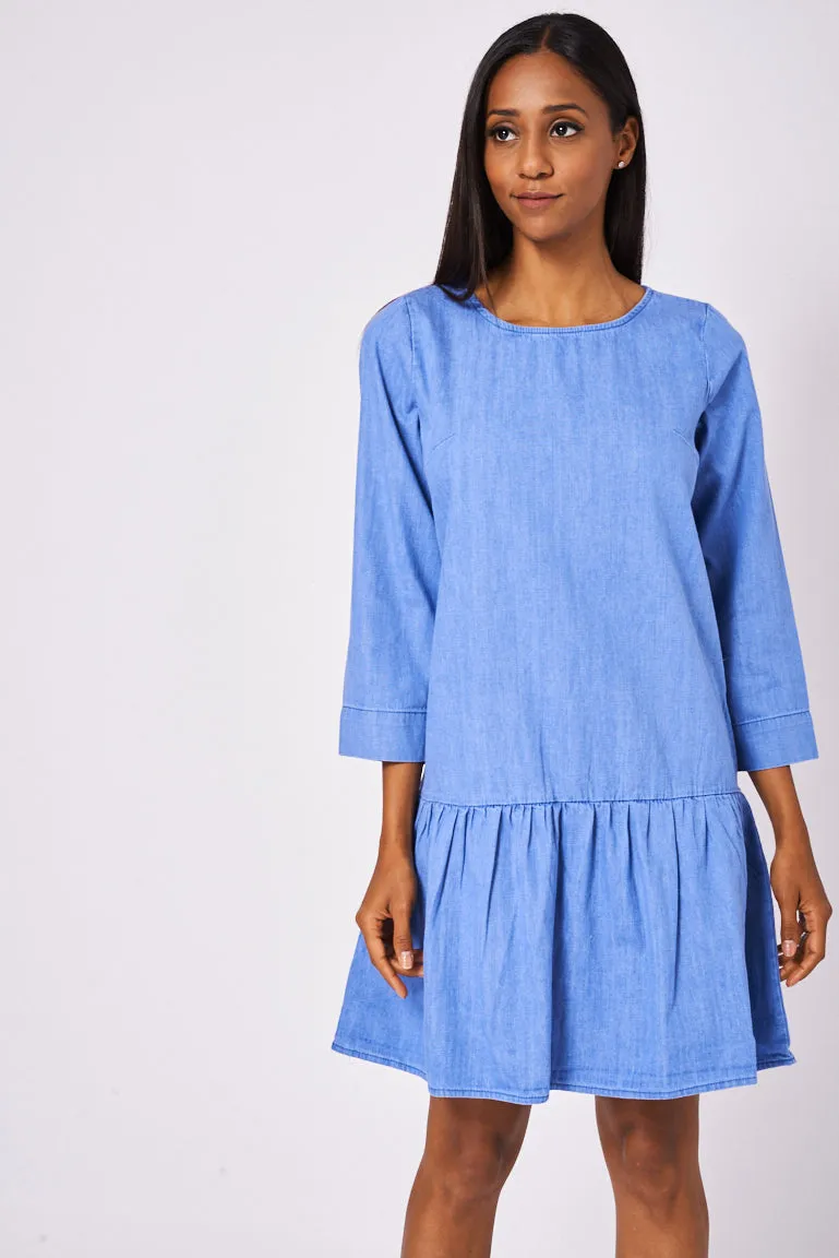 Dropped Waist Denim Dress in Washed Blue Ex-Branded