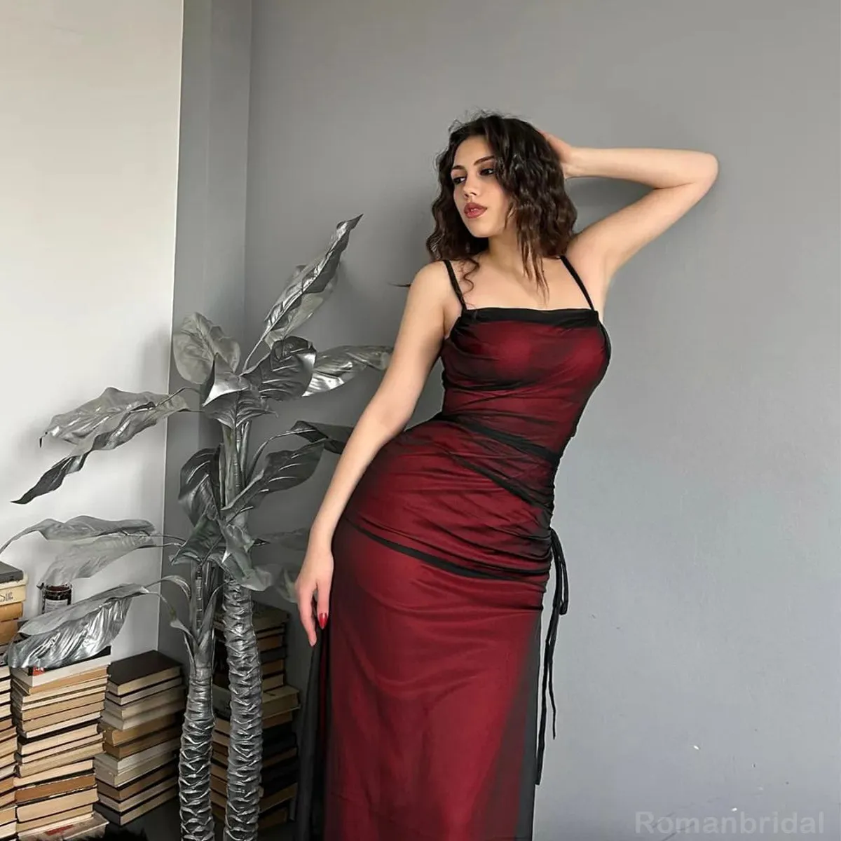 Elegant Black and Red Mermaid Spaghetti Straps Long Bridesmaid Dresses Online, BG428