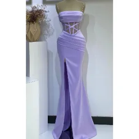 Elegant Illusion Spaghetti Straps Mermaid Side Slit Satin Long Bridesmaid Dresses Online, BG615