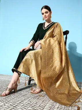 Green Velvet Kurta Set With Beige Brocade Dupatta