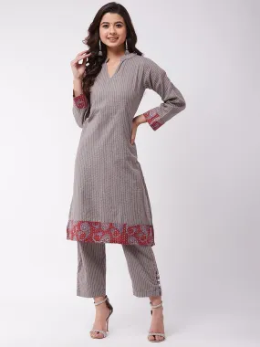 Grey Kantha Patch Work Kurta Pant Set