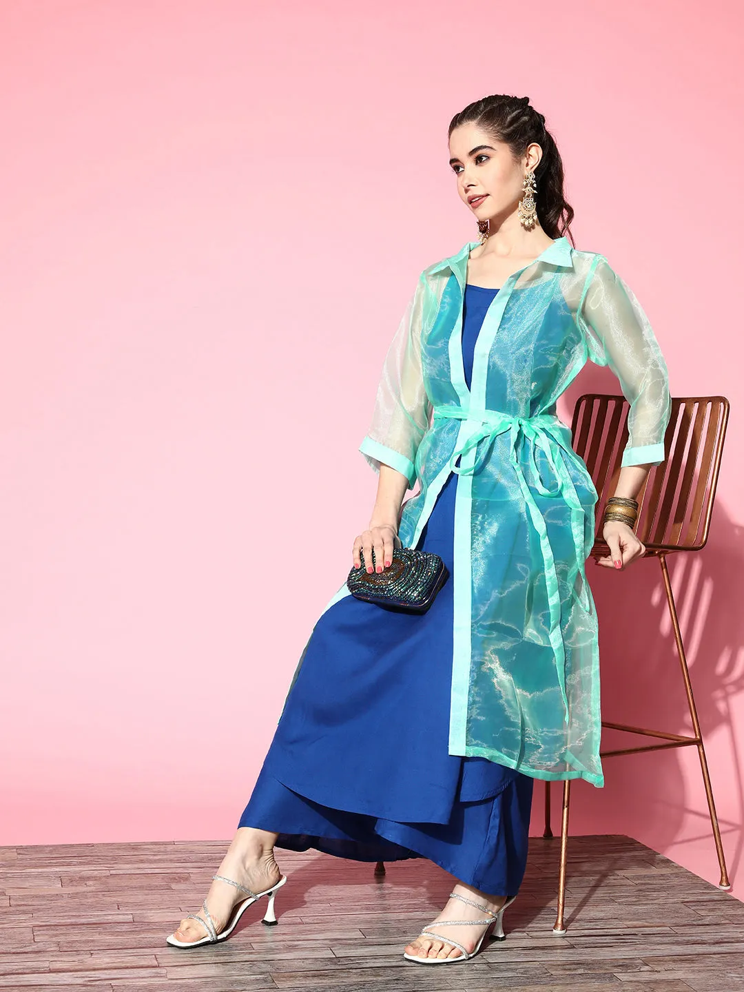 INK BLUE STRAPPY KURTA SET WITH TEAL ORGANZA CAPE