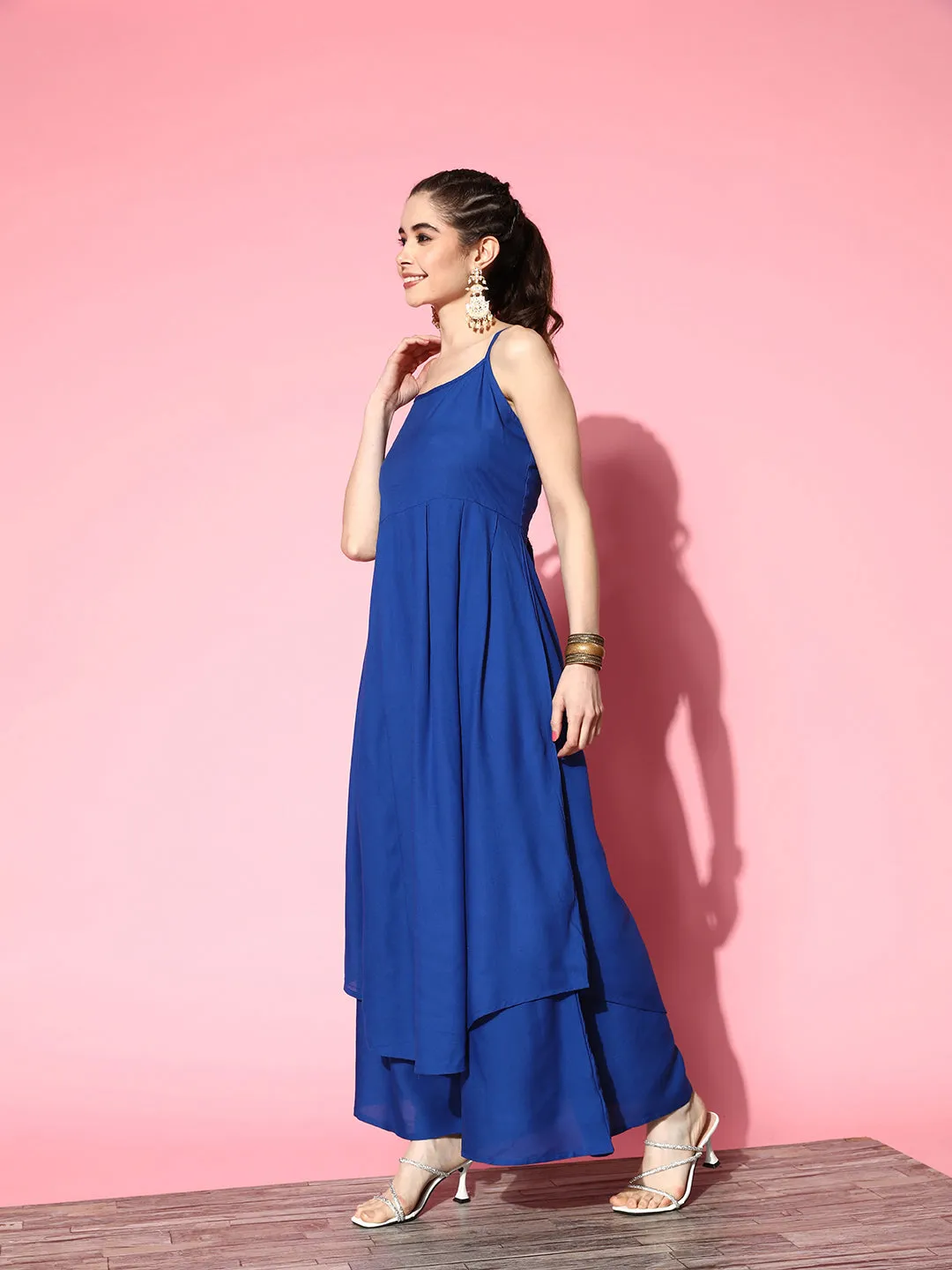 INK BLUE STRAPPY KURTA SET WITH TEAL ORGANZA CAPE