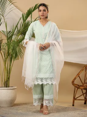 Juniper The Rooh Mint Ethnic Print & Lacy Pure Cotton Kurta & Palazzo Set With Lining & Kota Doria Dupatta