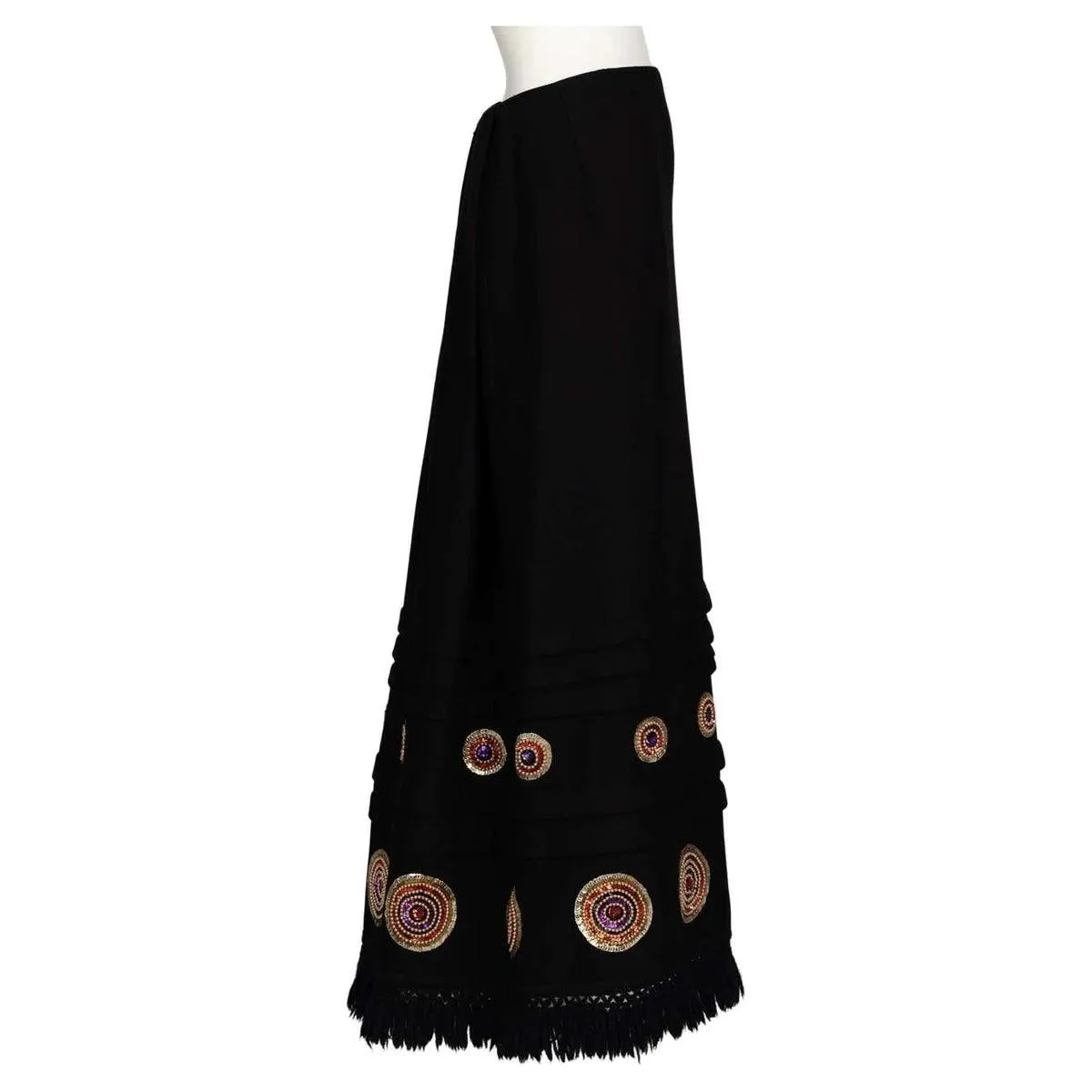 LANVIN JULES-FRANÇOIS CRAHAY Vintage 1970’s Black Gold Beaded Fringe Skirt | Size M