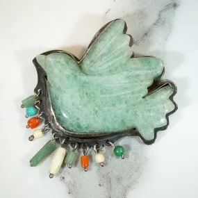 Large Carved Jade Dove Brooch with Bead Fringe