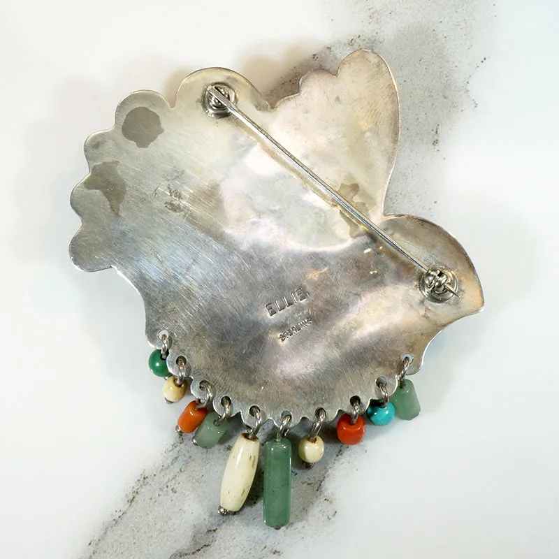 Large Carved Jade Dove Brooch with Bead Fringe