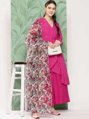 Magenta Tie Up Kurta Set W White Pink Or Dupatta