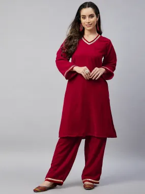 Maoon Solid Velvet Kurta Set