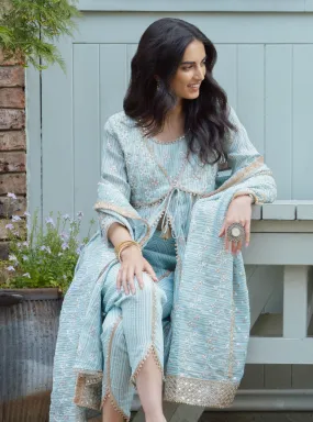 Mulmul Banarsi Finsbury Blue Short Anarkali Kurta With Finsbury Blue Dhoti Pant