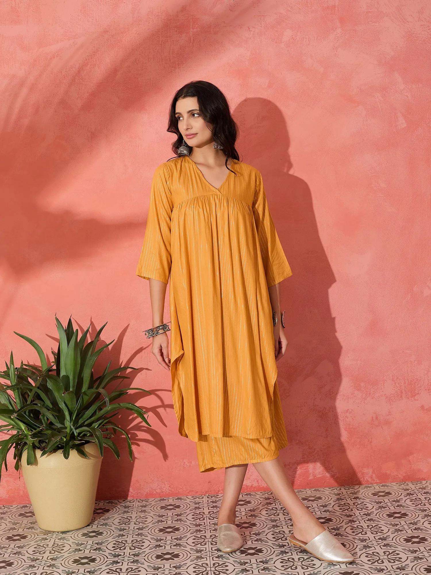 MUSTARD LUREX FLARED V NECK KURTA PALAZZO SET