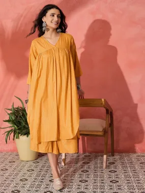 MUSTARD LUREX FLARED V NECK KURTA PALAZZO SET