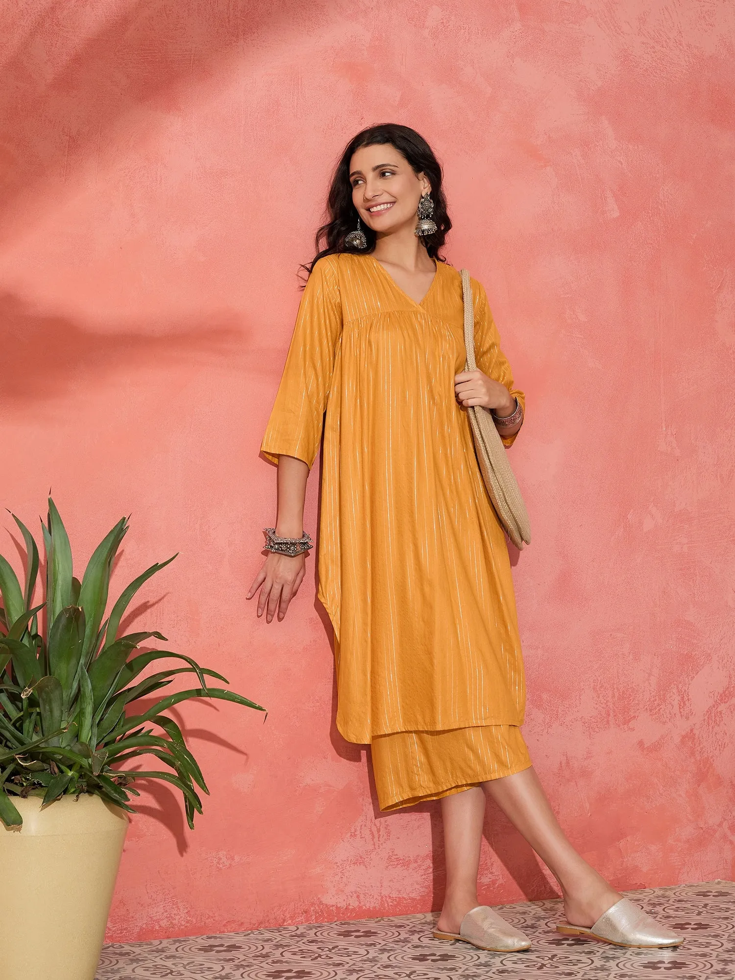 MUSTARD LUREX FLARED V NECK KURTA PALAZZO SET