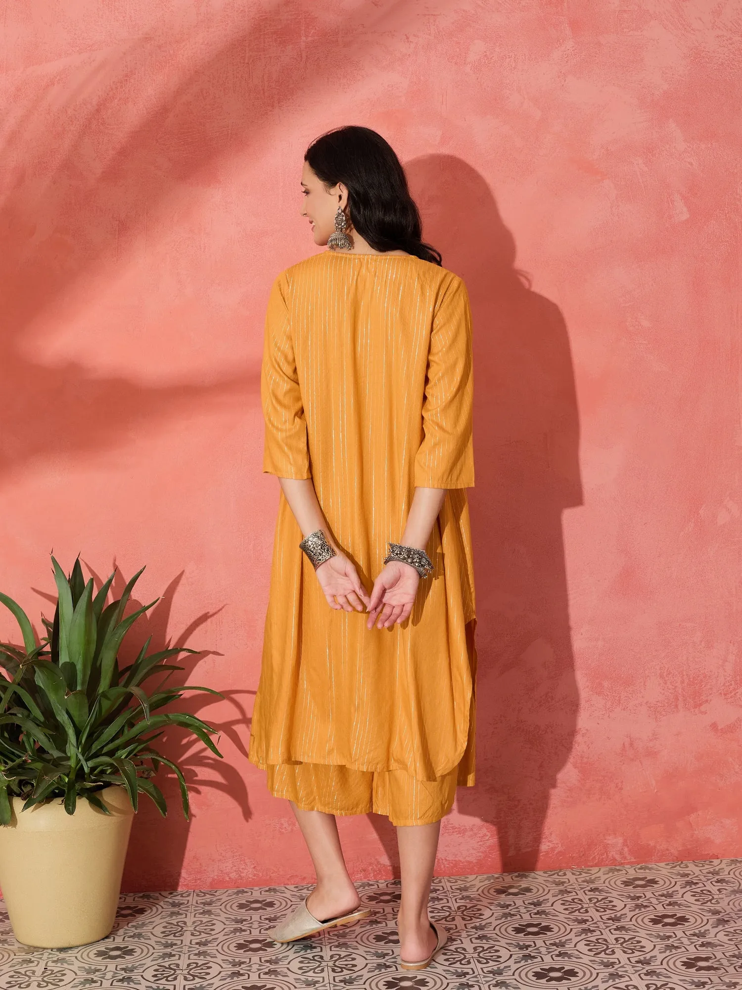 MUSTARD LUREX FLARED V NECK KURTA PALAZZO SET