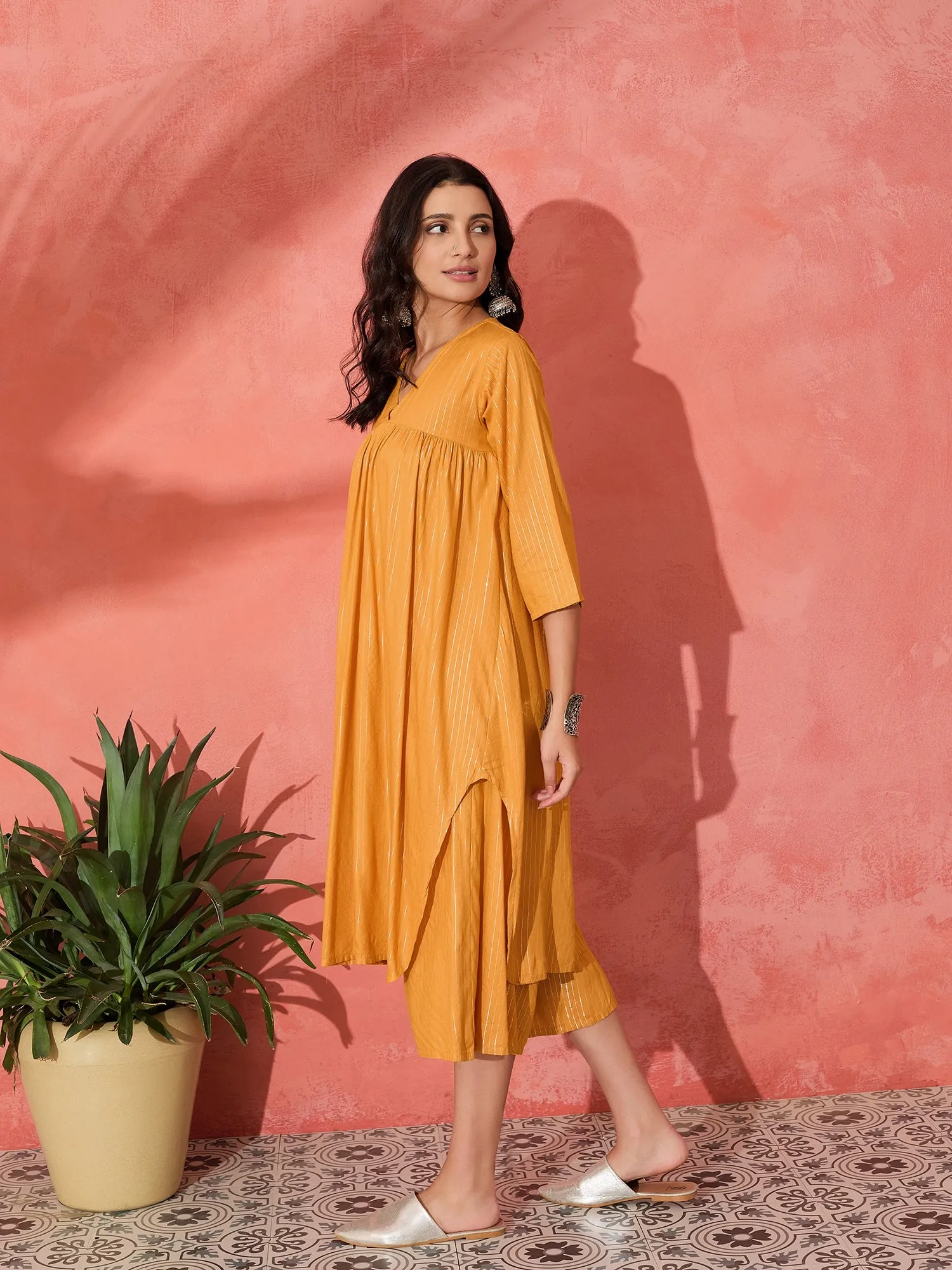 MUSTARD LUREX FLARED V NECK KURTA PALAZZO SET