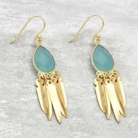 Navajo Fringe Aqua Chalcedony Dangle Earrings Gold Plated