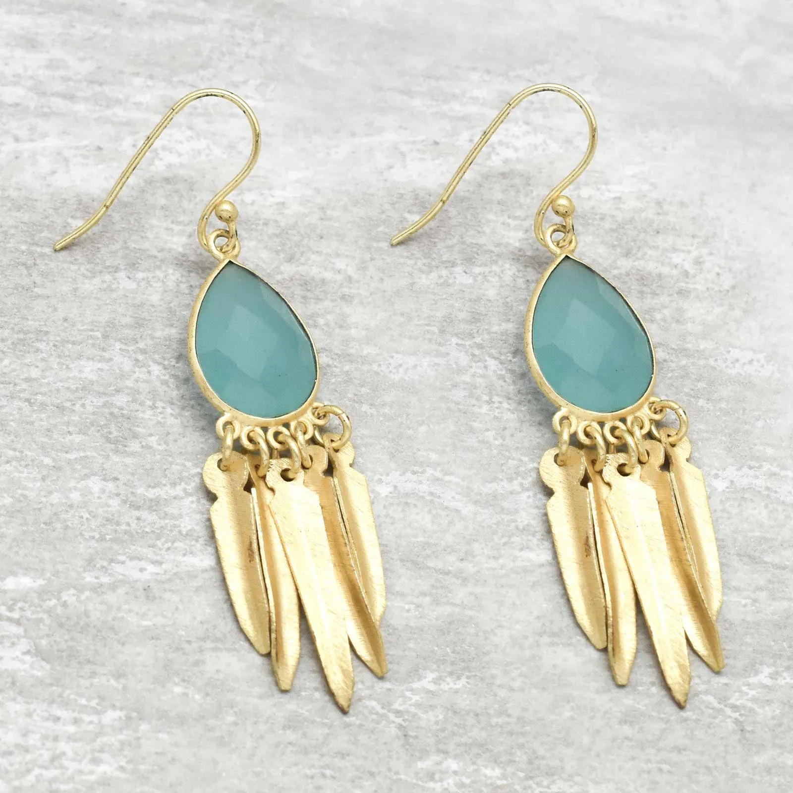 Navajo Fringe Aqua Chalcedony Dangle Earrings Gold Plated