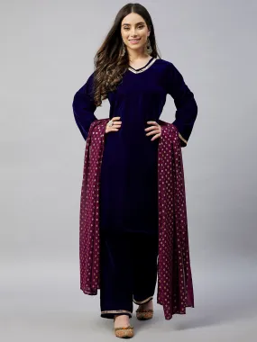 Navy Velvet Kurta Set Wine Gold Georgette Dupatta