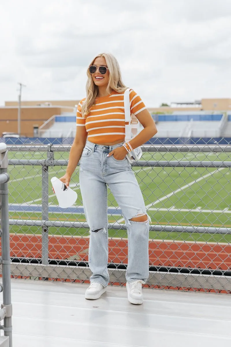 Orange and White Striped Cropped Sweater