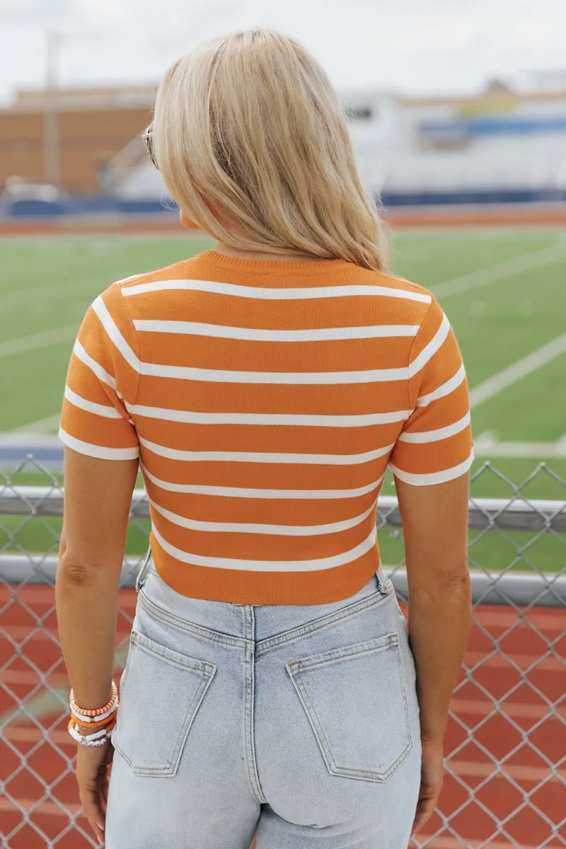 Orange and White Striped Cropped Sweater