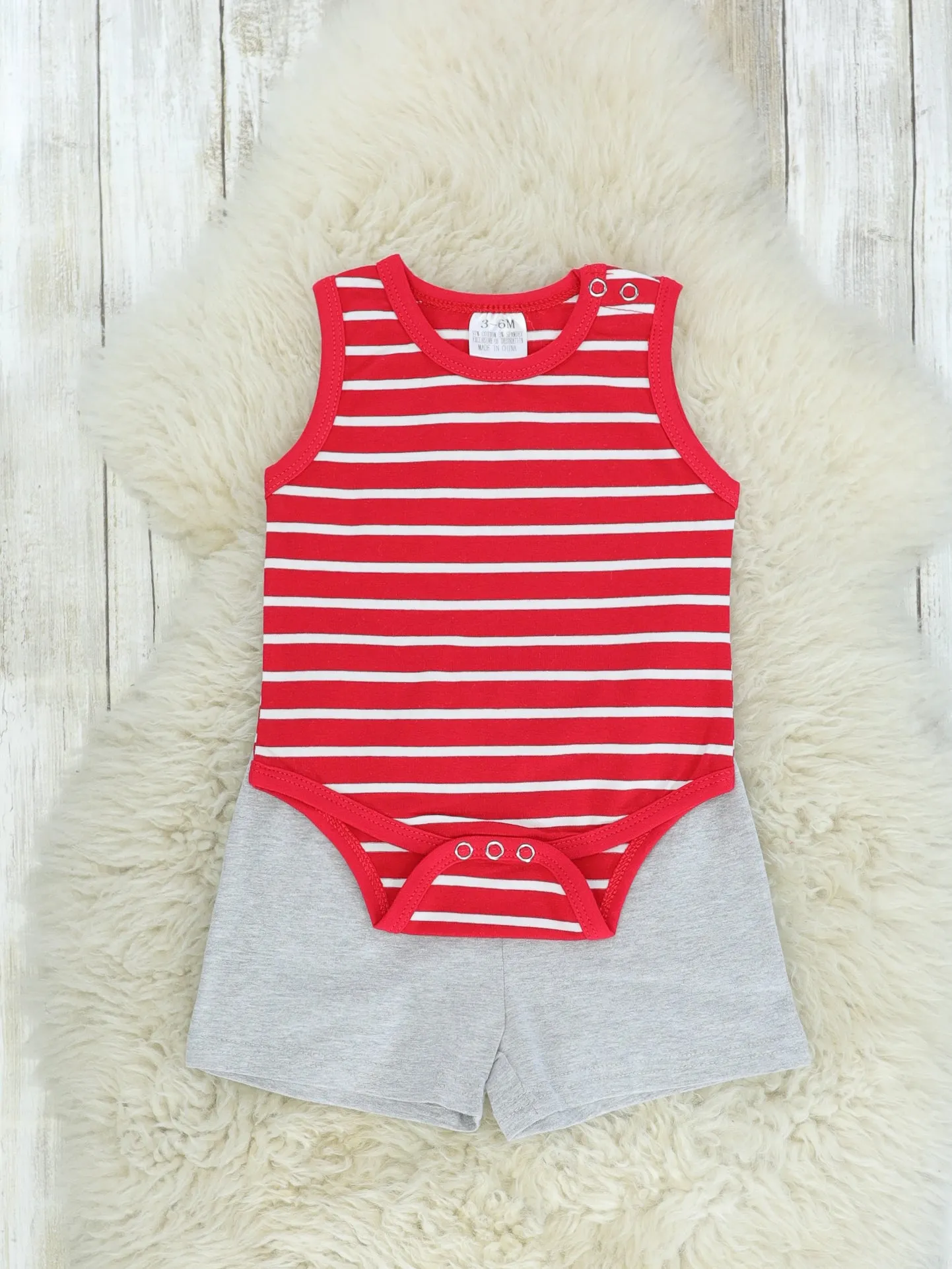 Red Striped Bubble Romper & Crab Shorts Outfit