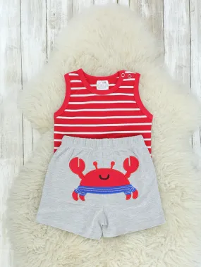 Red Striped Bubble Romper & Crab Shorts Outfit