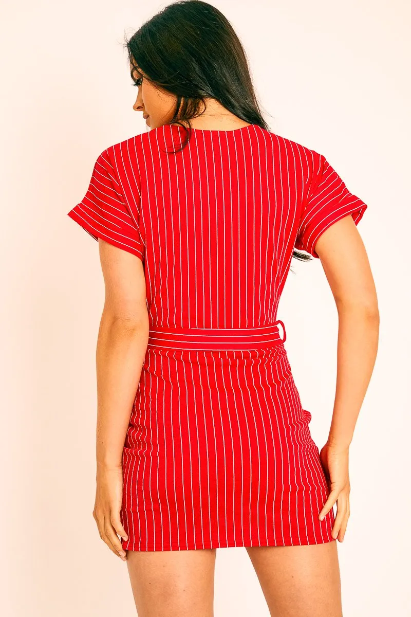 Red White Stripe Belted T-shirt Dress - Madisen