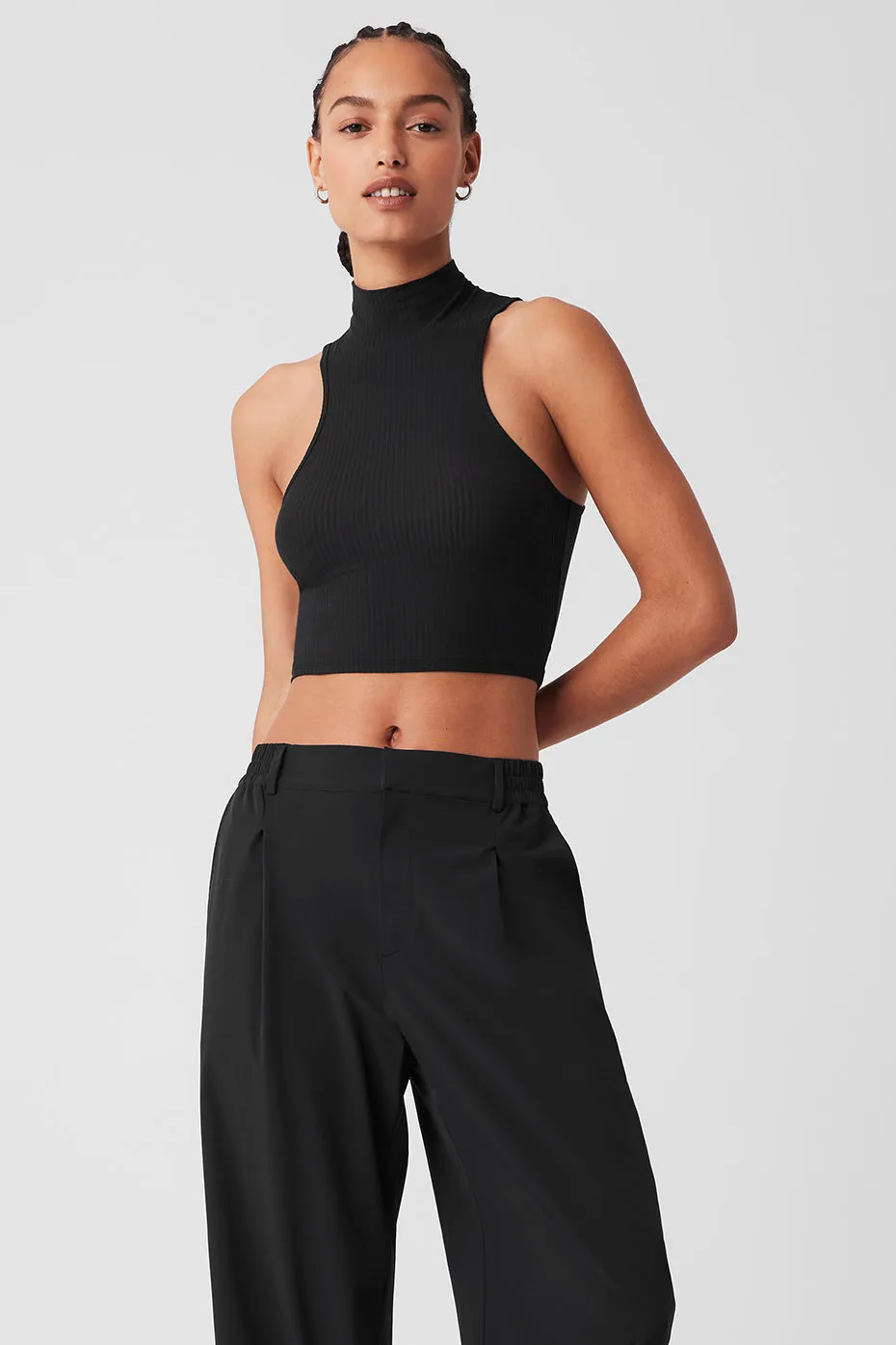 Ribbed Sea Coast Cropped Turtleneck Tank - Black