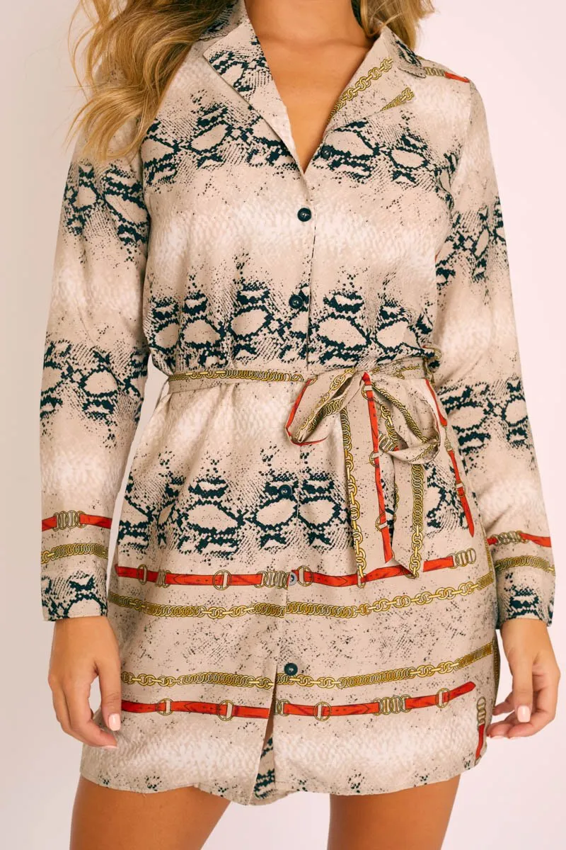 Snake Chain Print Belted Shirt Dress - Karly