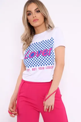 White Crew Neck Checker Board Lover Slogan T-Shirt - Camrie