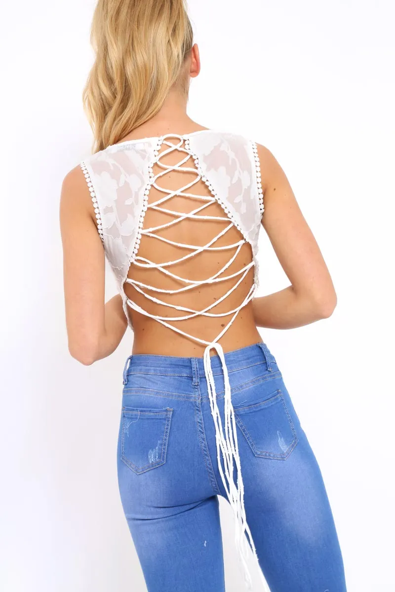 White Crochet Trim Tie Back Crop Top - Amber