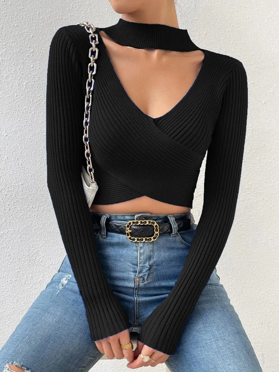 Women Choker Neck Wrap Crop Top