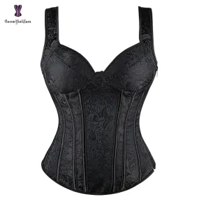 Women Corset with Straps Black Overbust Corset Plus Size Floral Jacquard Corset Zipper Top Gothic Steampunk Corset Bustier